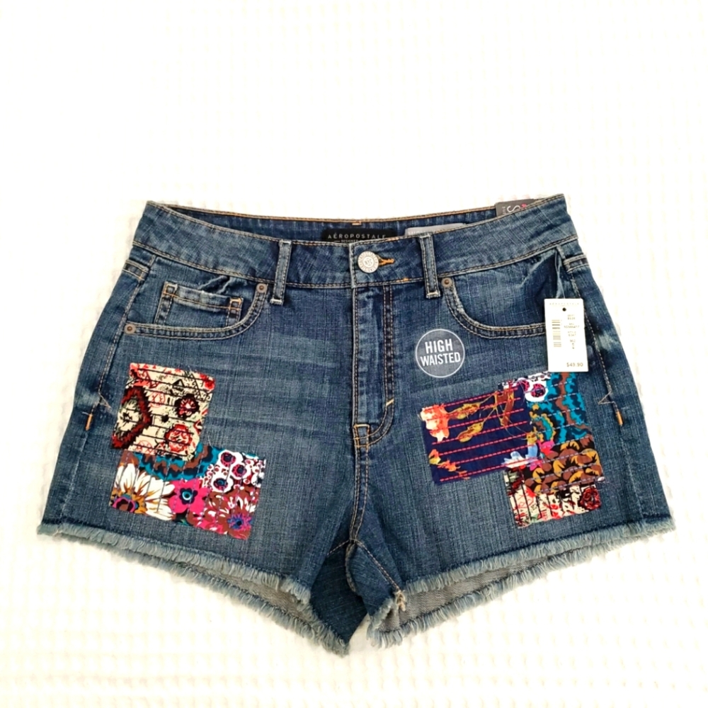 AEROPOSTALE high-waisted shorty stretch patchwork cut-off festival shorts 6